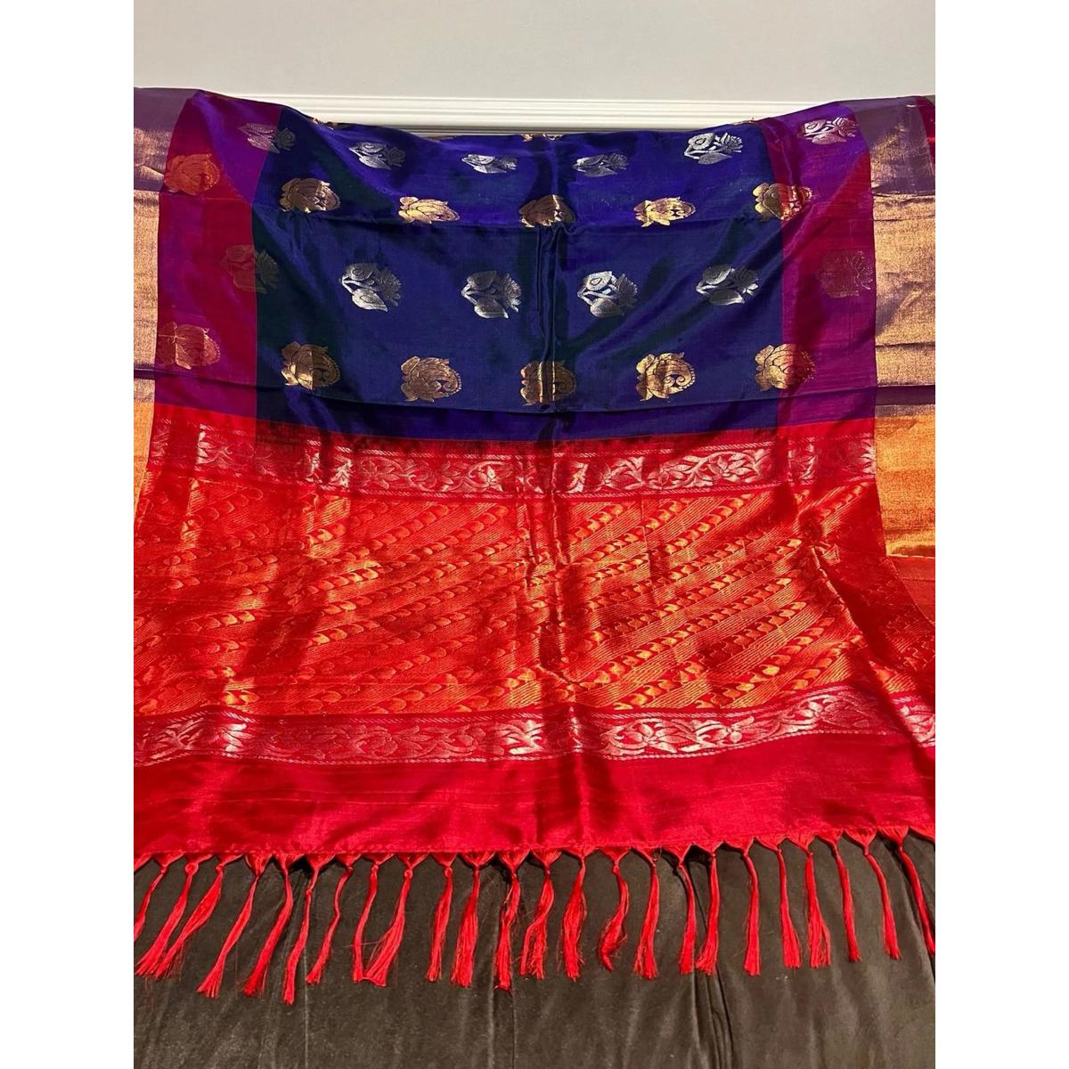 Deep Blue Uppada Pure Silk Saree Sari Party Wear For Women South Indian Wedding